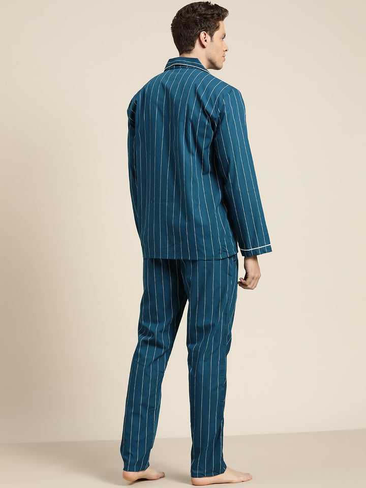 Men Turquoise Stripes Pure Cotton Regular Fit Night Wear Night Suit