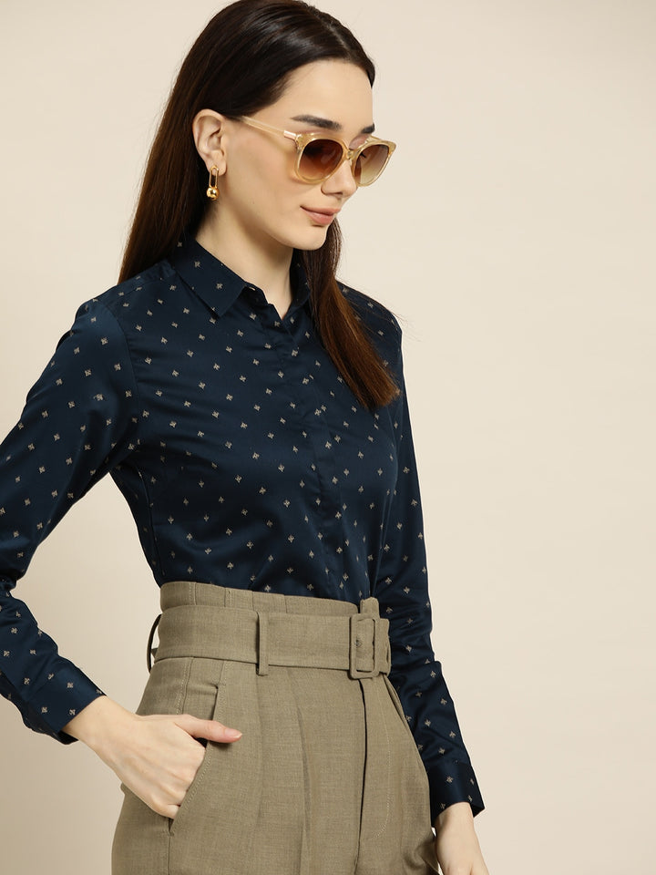 Women Navy Prints Pure Cotton Slim Fit Formal Shirt