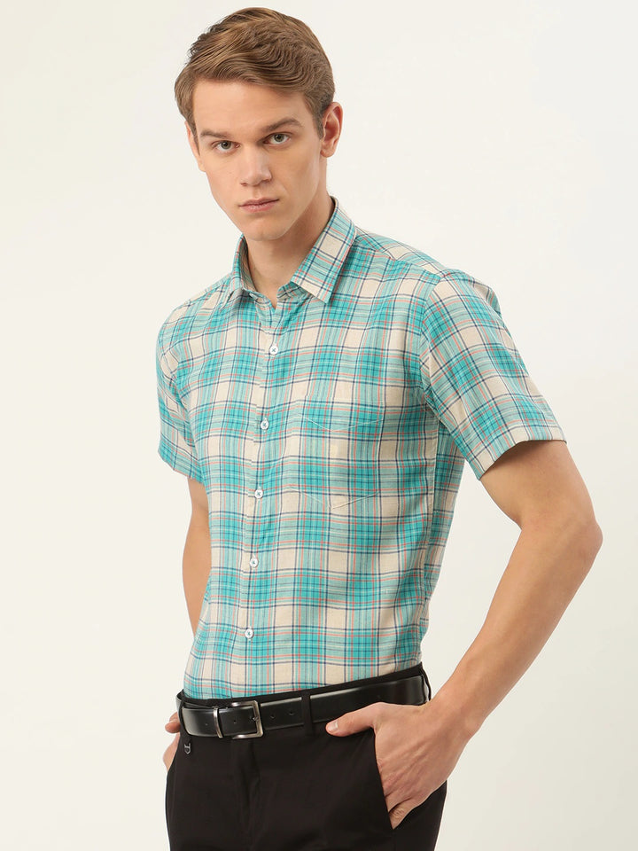 Men Beige & Green Checks Pure Cotton Slim Fit Formal Shirt