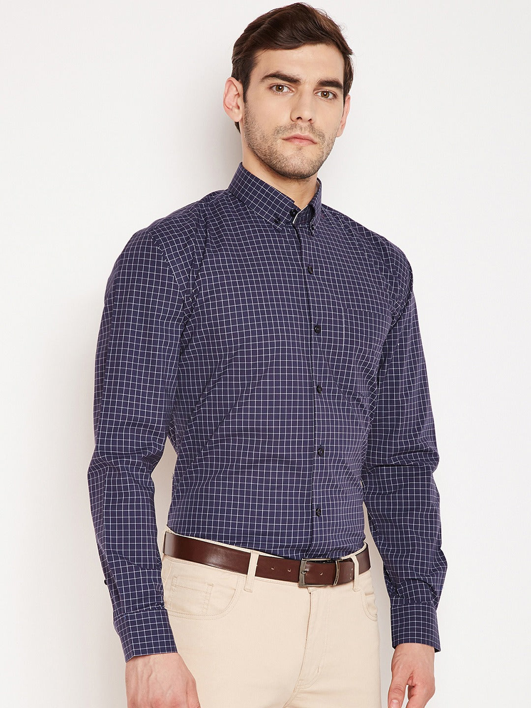 Men navy Checks Pure Cotton Slim Fit Formal Shirt