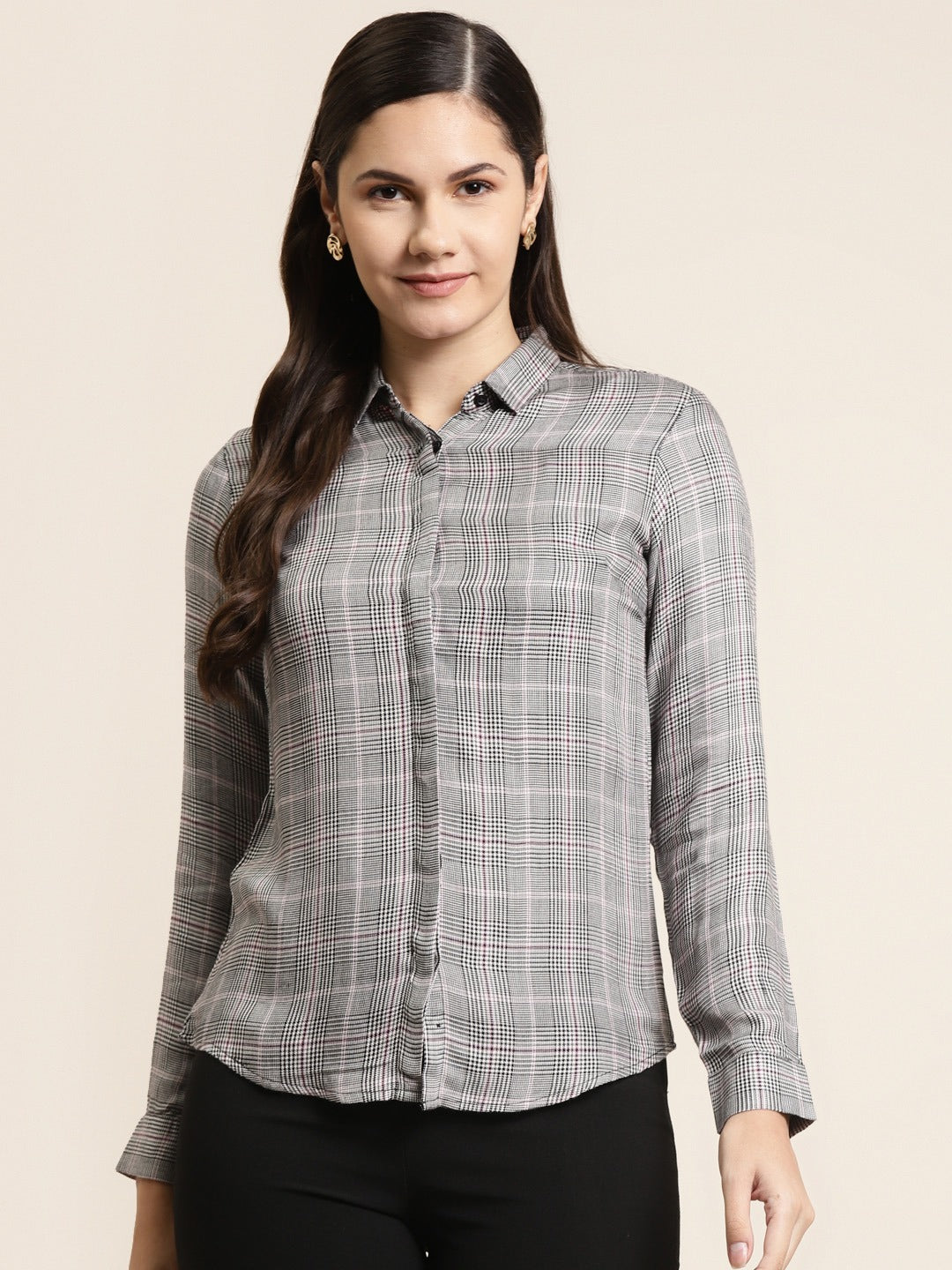 Women Grey Checks Viscose Rayon Slim Fit Formal Shirt