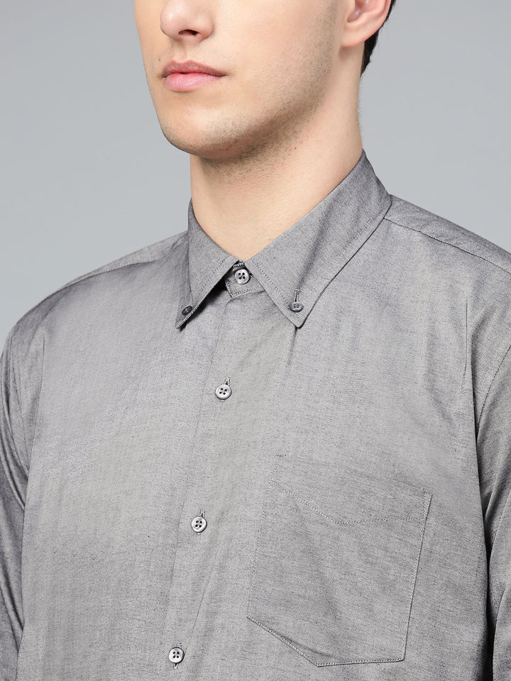 Men Grey Pure Cotton Solid Button Down Collar Slim Fit Formal Shirt