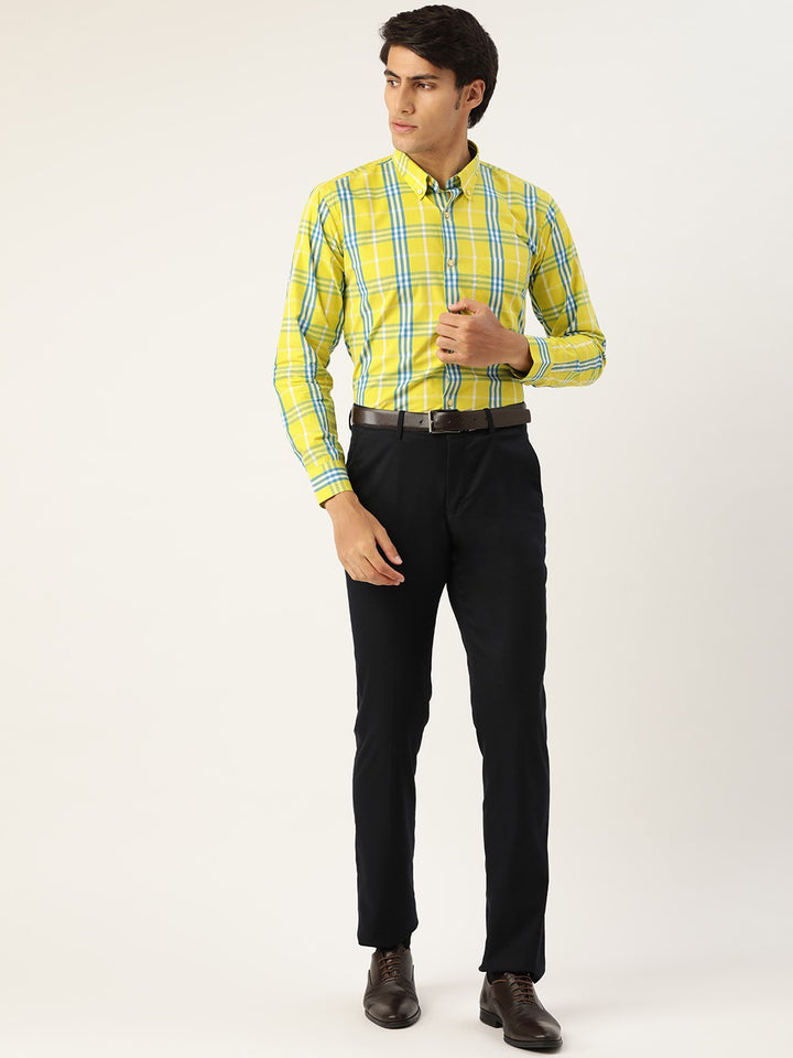Men Yellow & Blue Checks Pure Cotton Slim Fit Formal Shirt