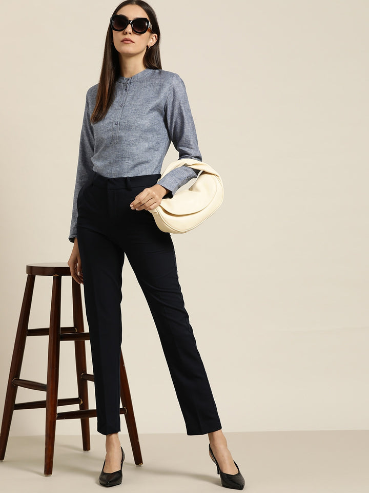 Women Blue Solids Pure Cotton Slim Fit Formal Top