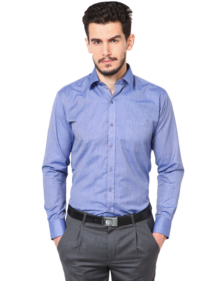 Men Blue Slim Fit Solid Chambray Cotton Rich Formal Shirt