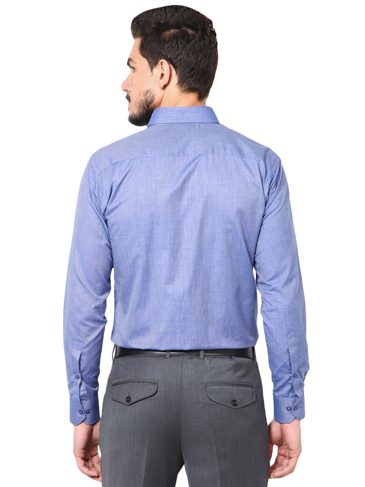 Men Blue Slim Fit Solid Chambray Cotton Rich Formal Shirt