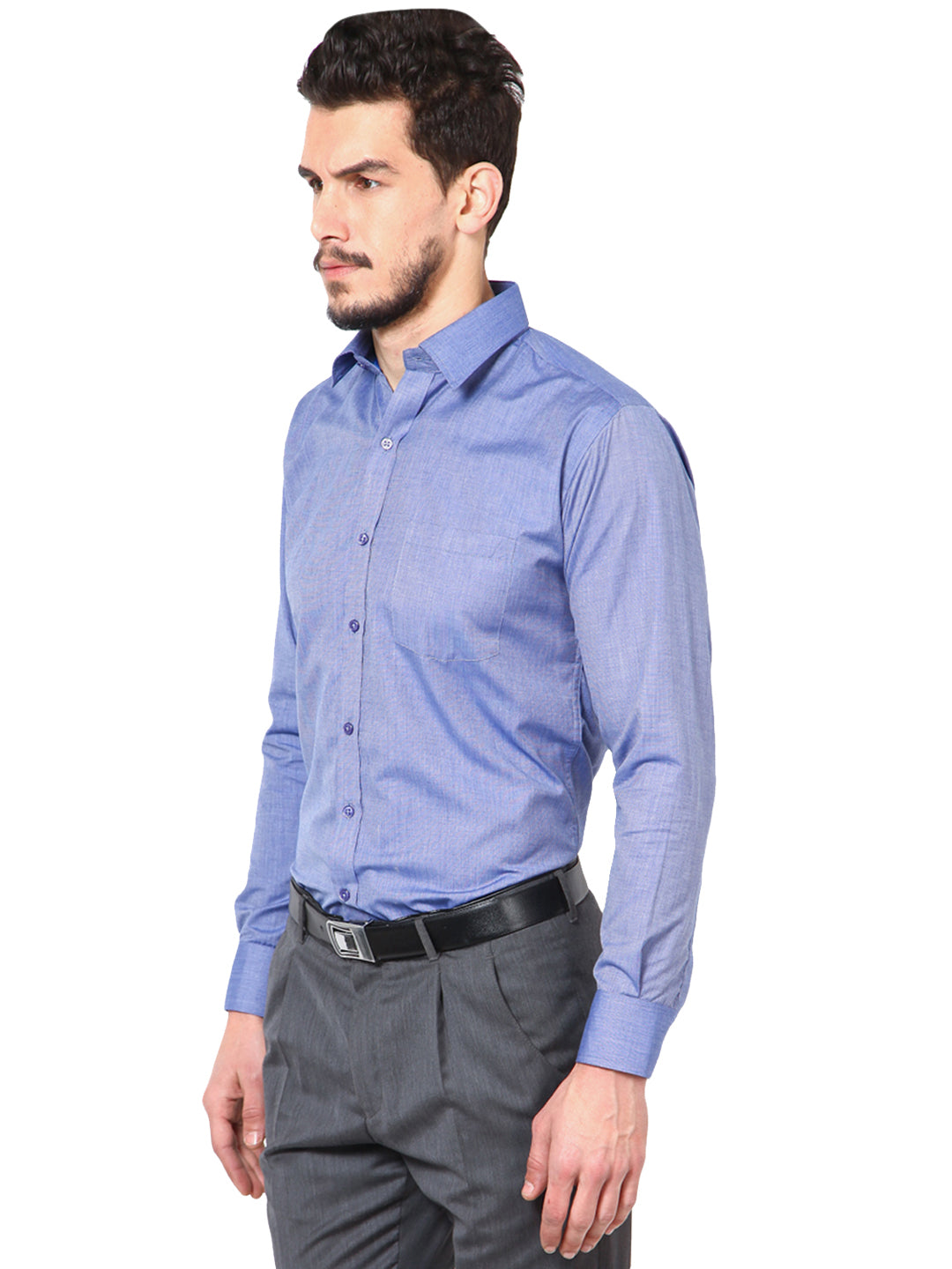 Men Blue Slim Fit Solid Chambray Cotton Rich Formal Shirt