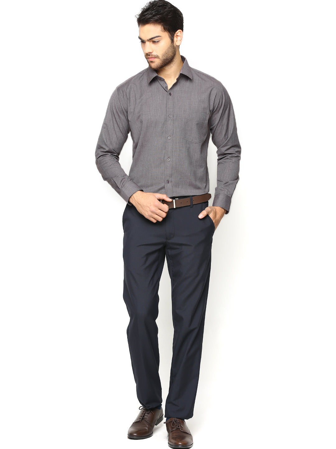 Men Grey Solid Chambray Slim Fit Formal Shirt