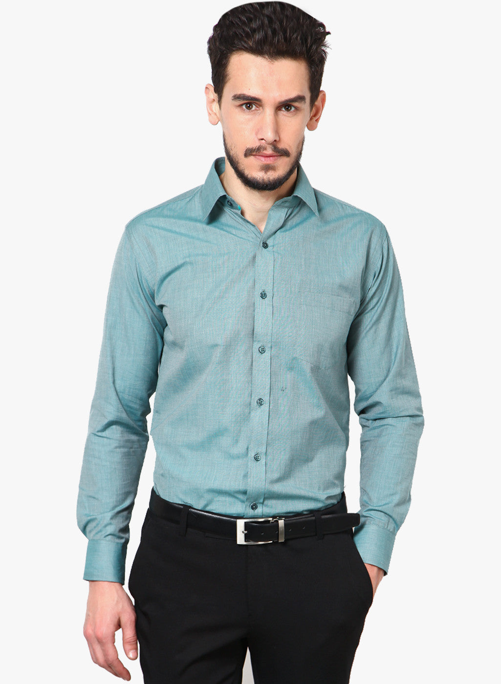 Men Green Slim Fit Solid Chambray Cotton Rich Formal Shirt