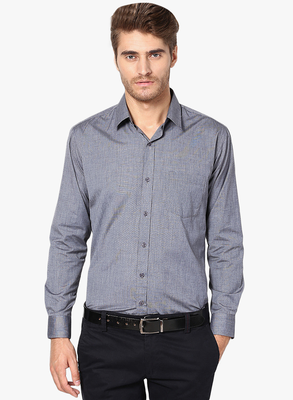 Men Navy Slim Fit Solid Chambray Cotton Rich Formal Shirt