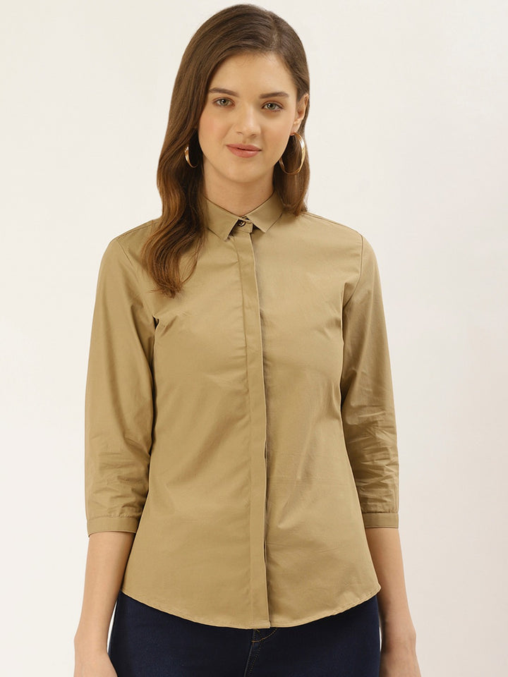 Women Beige Solids Pure Cotton Slim Fit Formal Shirt
