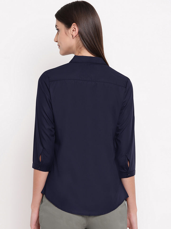 Women Navy Pure Cotton Solid Slim Fit Formal Shirt