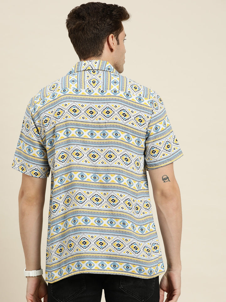 Men White-Blue Prints Viscose Rayon Relaxed Fit Casual Resort Shirt