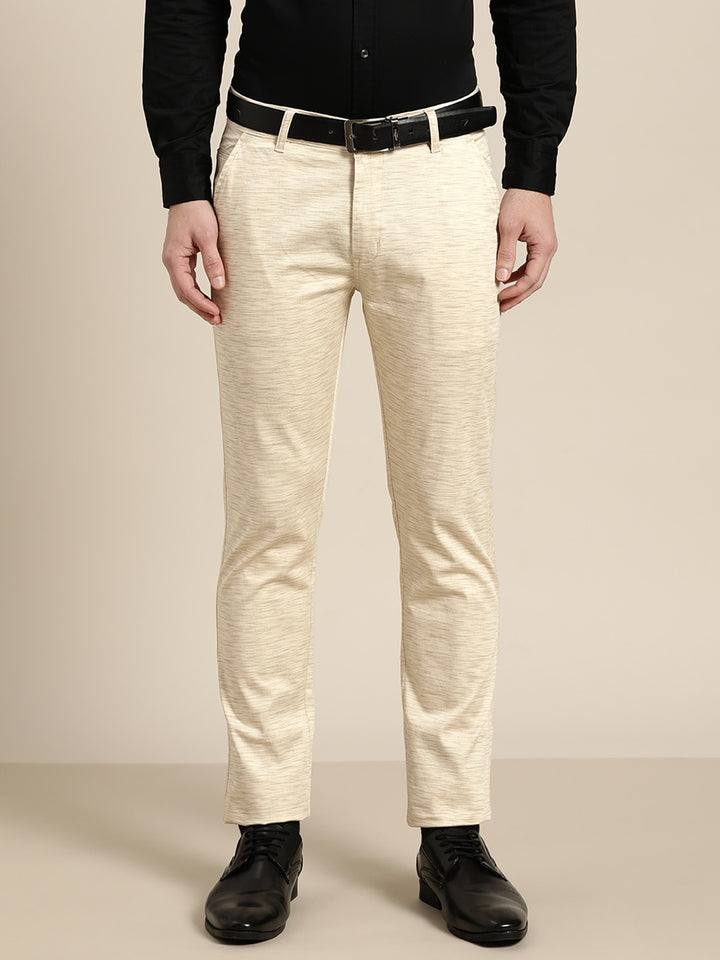 Men Beige Solids Cotton Elastene Slim Fit Formal Trouser