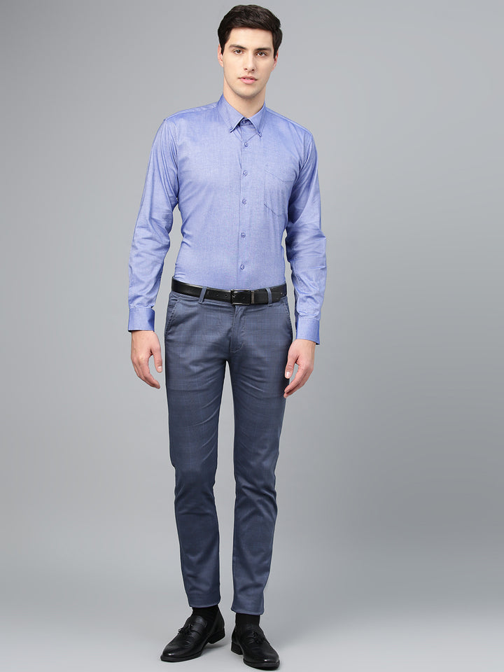 Men Blue Pure Cotton Solid Button Down Collar Slim Fit Formal Shirt