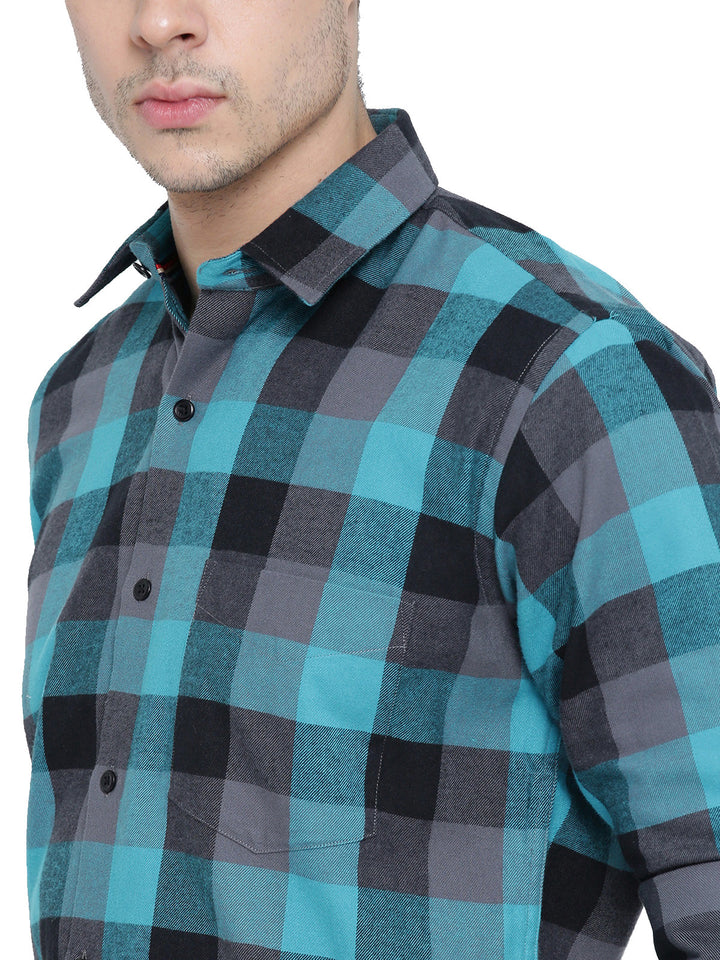 Men Turquoise Blue and Black Checked Pure Cotton Slim Fit Formal Shirt