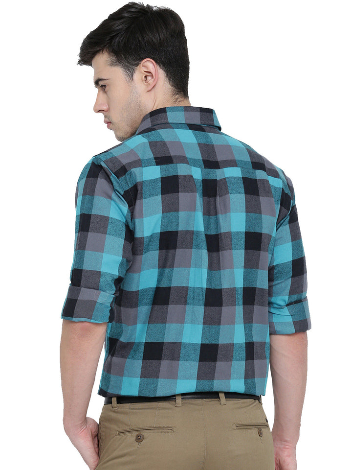 Men Turquoise Blue and Black Checked Pure Cotton Slim Fit Formal Shirt
