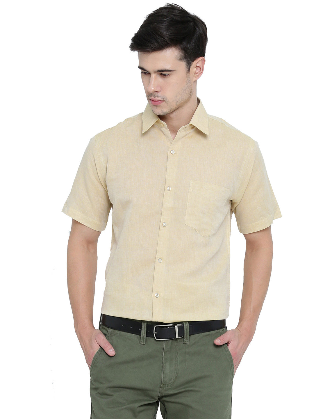 Men Beige Solid Cotton Linen Slim Fit Formal Shirt