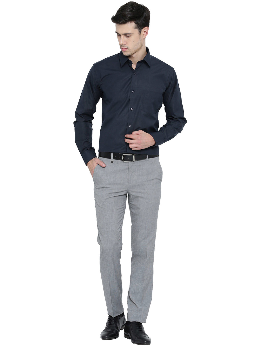 Men Navy Chambray Slim Fit Formal Shirt