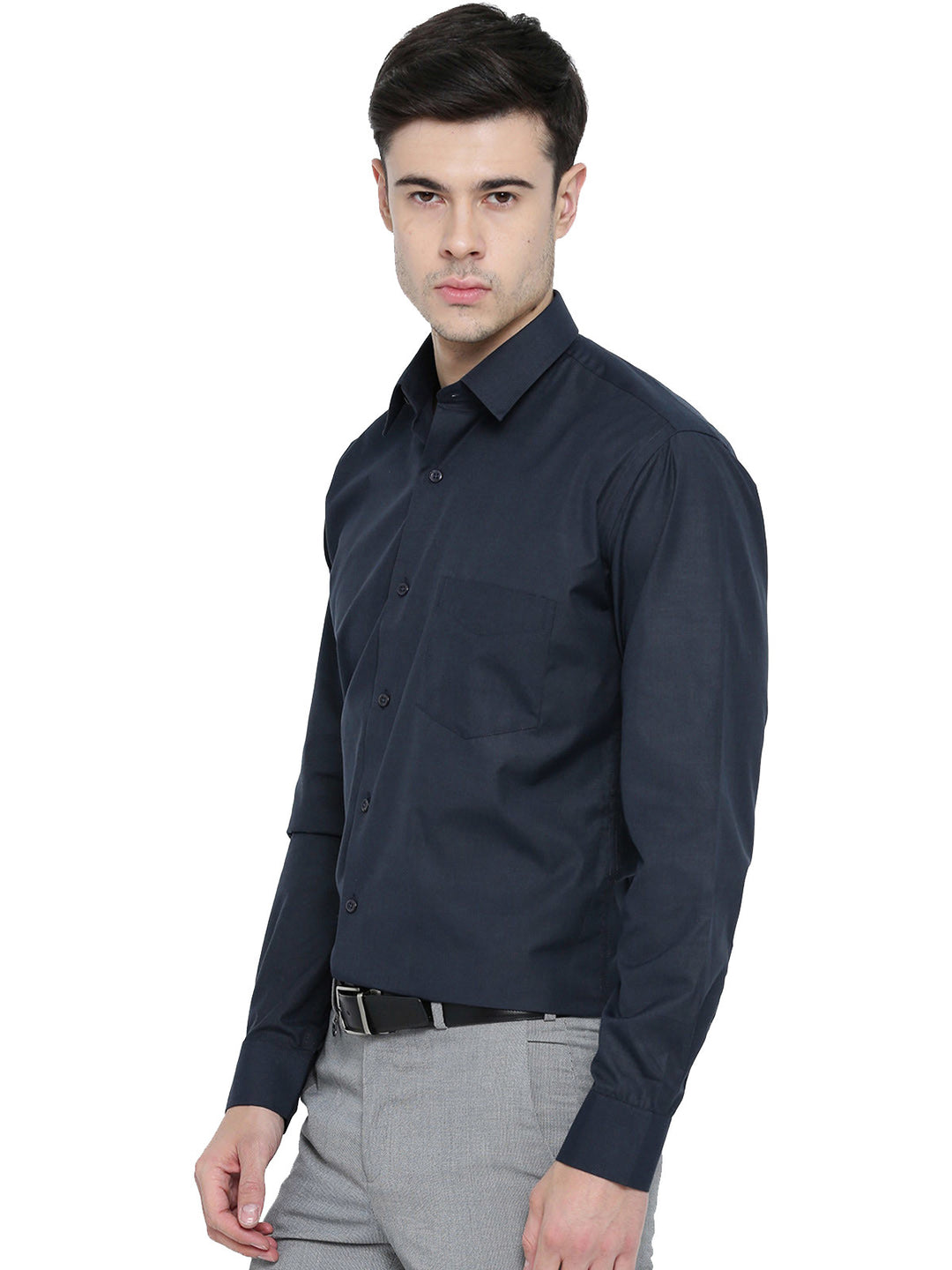 Men Navy Chambray Slim Fit Formal Shirt