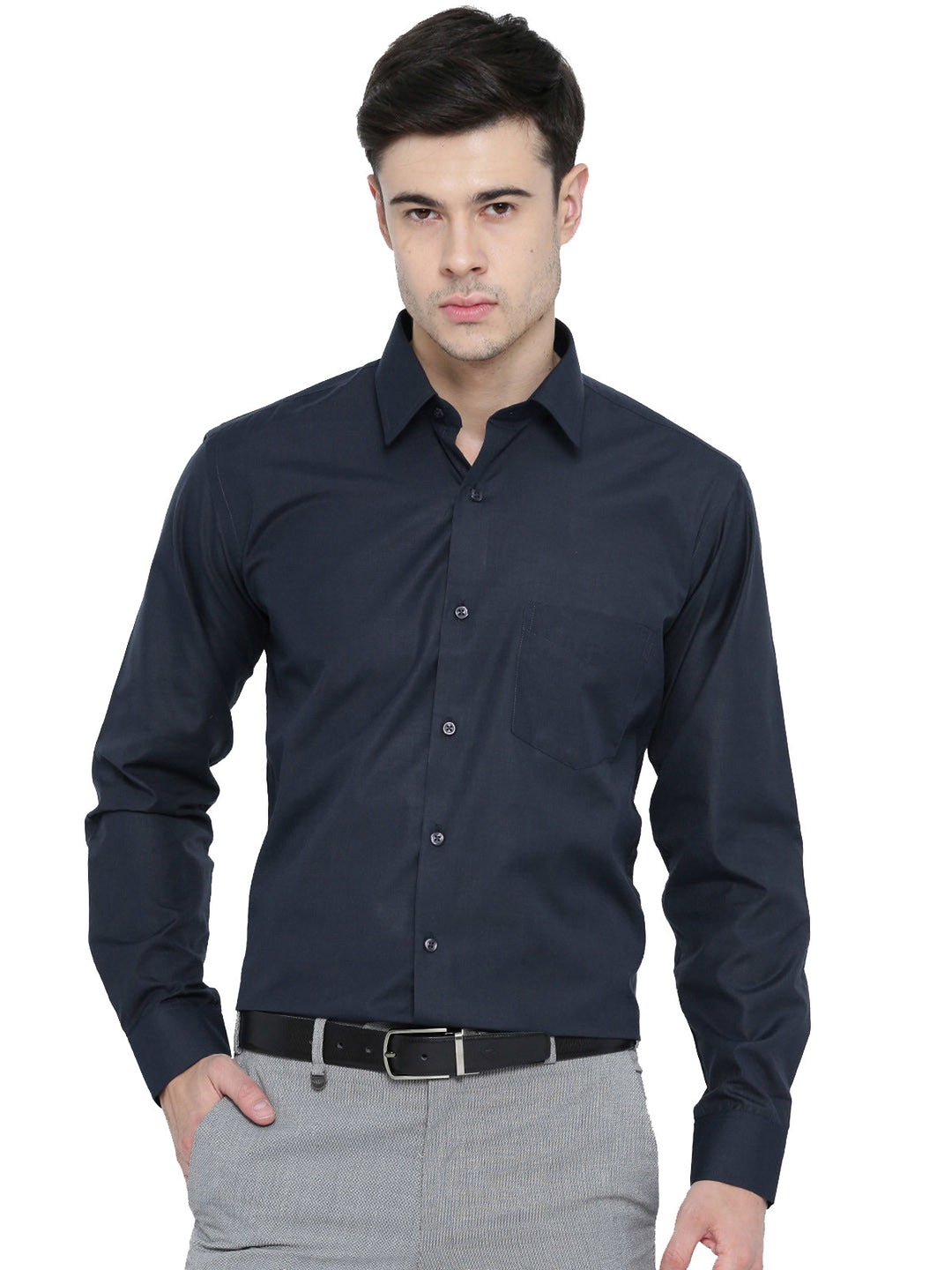 Men Navy Chambray Slim Fit Formal Shirt