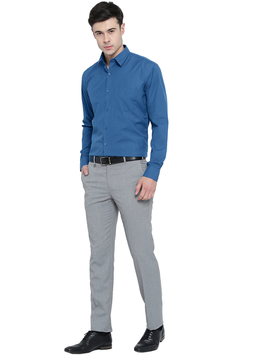 Men Turquoise Blue Chambray Slim Fit Formal Shirt