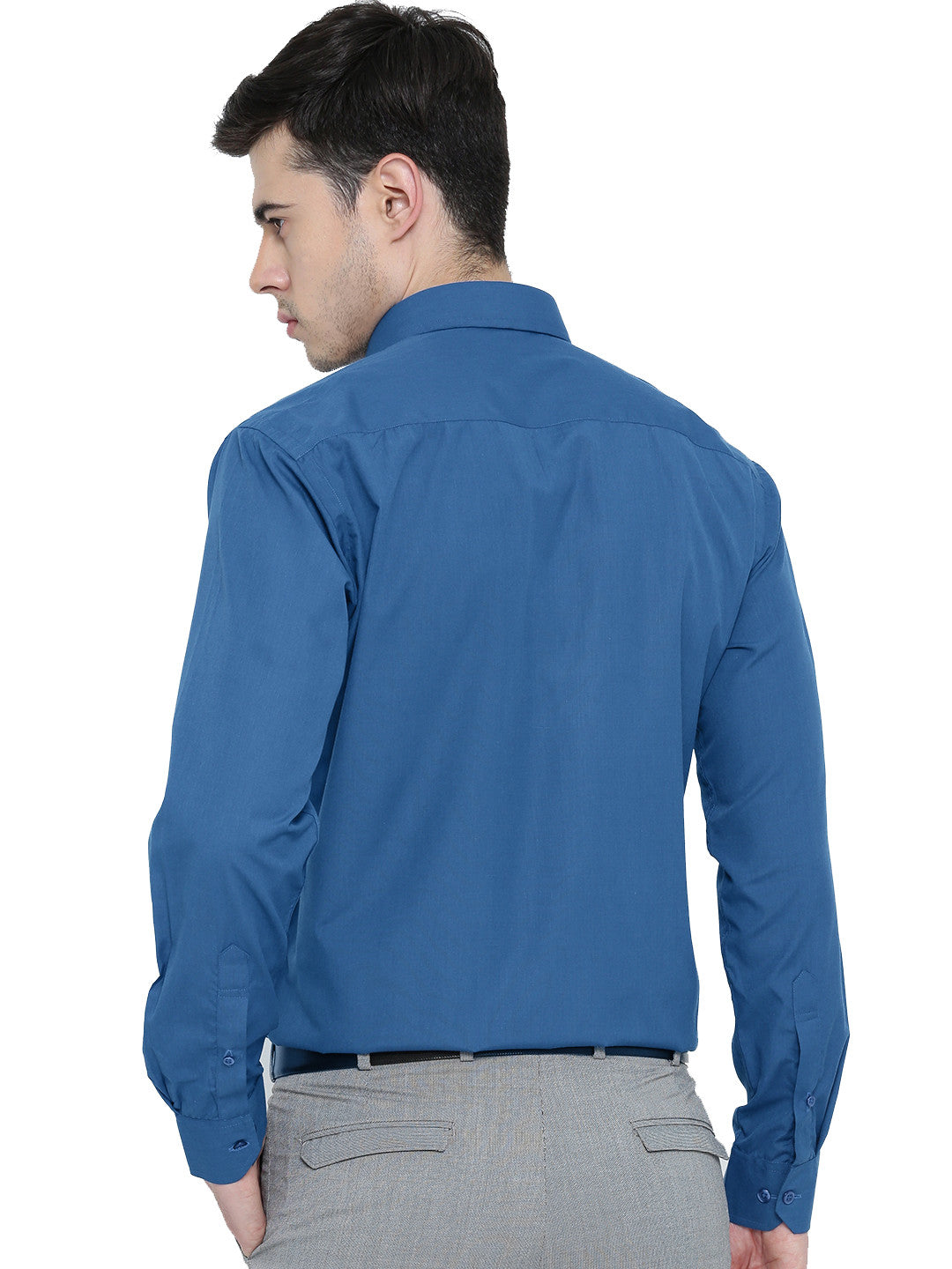 Men Turquoise Blue Chambray Slim Fit Formal Shirt