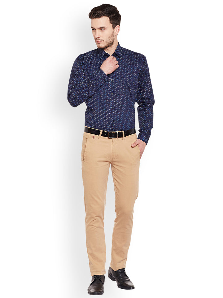 Men Navy Printed Pure Cotton Slim Fit Formal Shirt