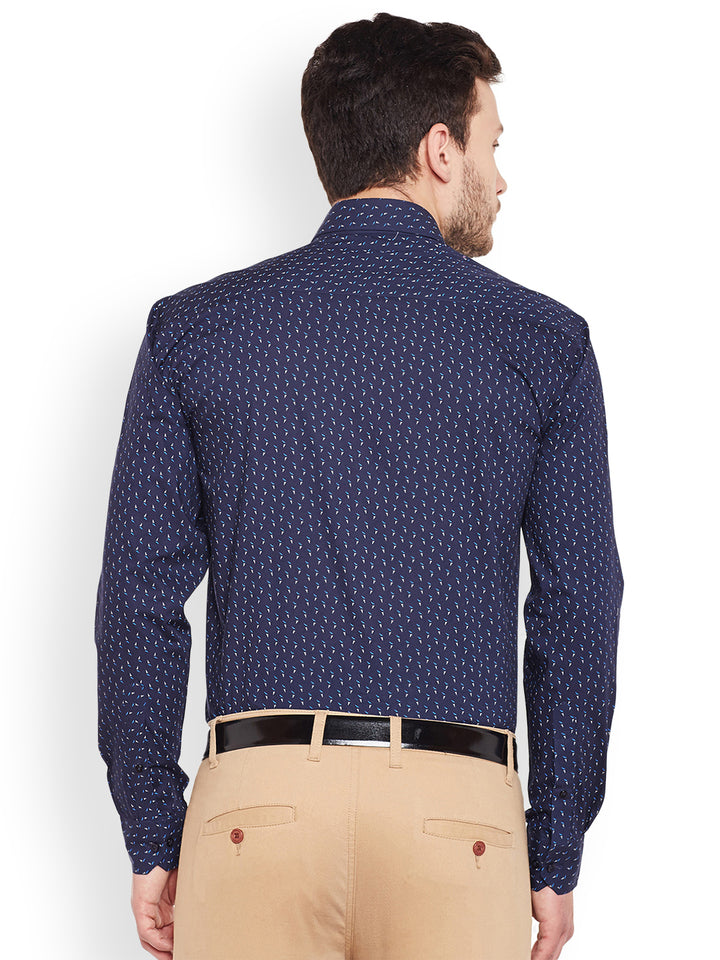 Men Navy Printed Pure Cotton Slim Fit Formal Shirt