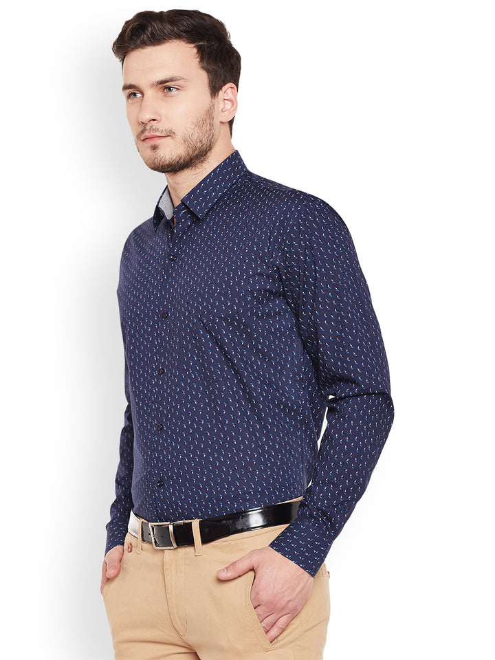 Men Navy Printed Pure Cotton Slim Fit Formal Shirt