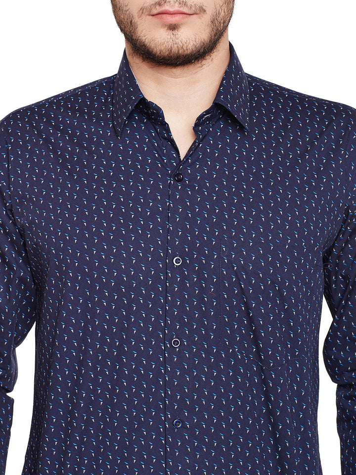 Men Navy Printed Pure Cotton Slim Fit Formal Shirt