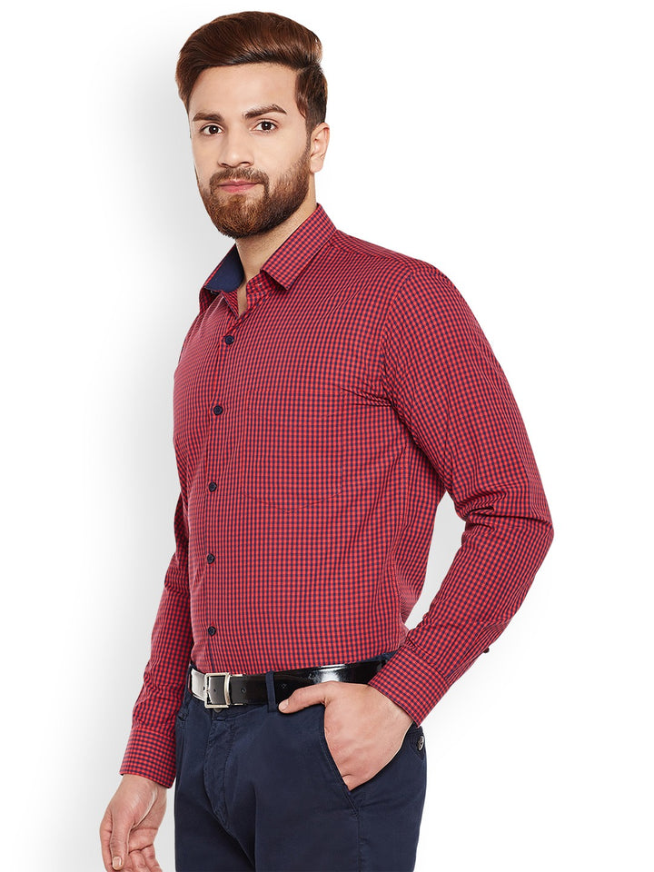 Men RED Checks Pure Cotton Slim Fit Formal Shirt