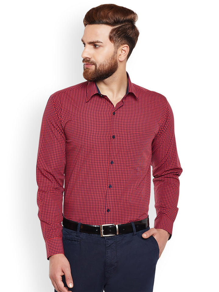Men RED Checks Pure Cotton Slim Fit Formal Shirt