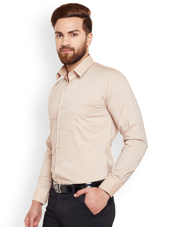 Men Fawn Solid Chambray Pure Cotton Slim Fit Formal Shirt