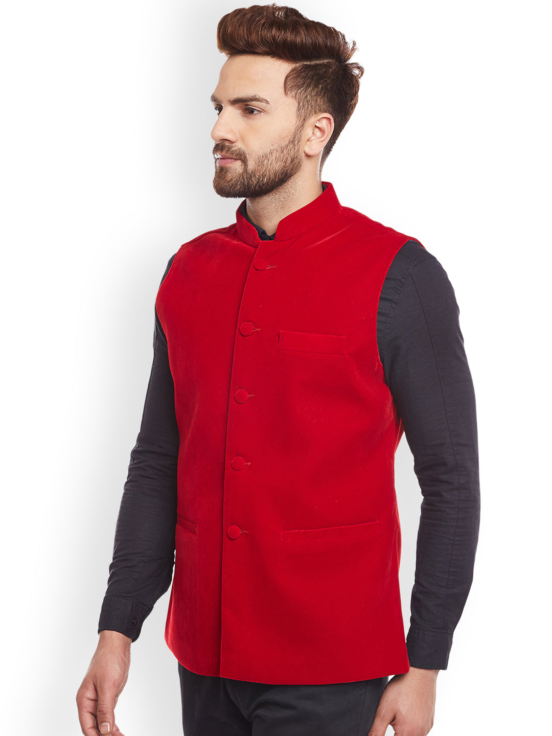 Men Red Solid Velvet Slim Fit  Nehru Jacket