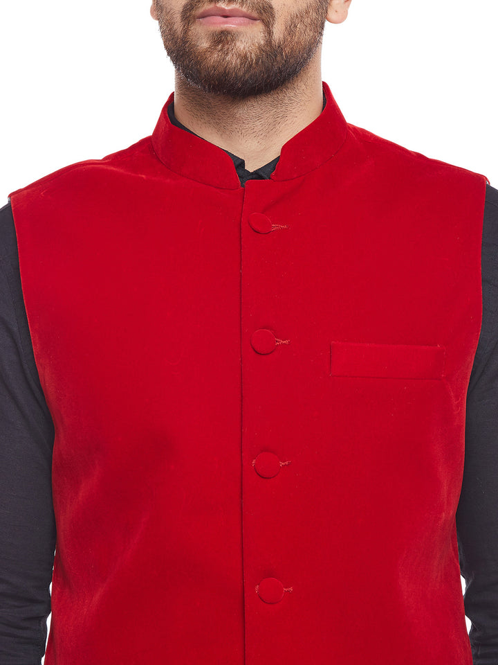 Men Red Solid Velvet Slim Fit  Nehru Jacket