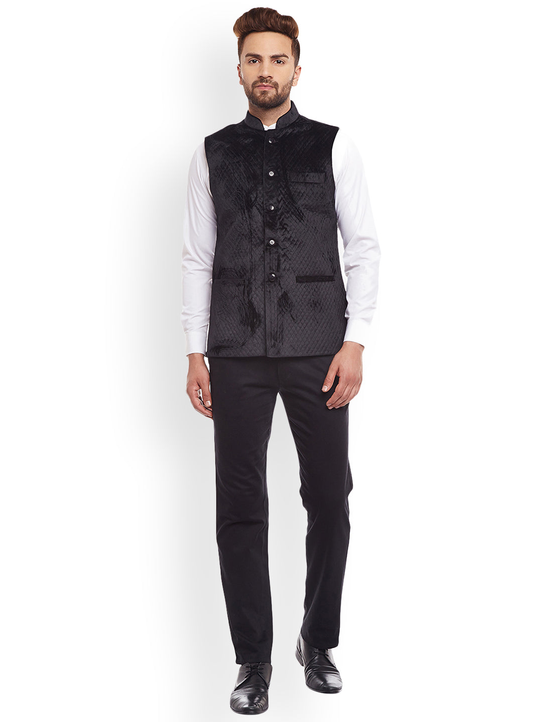Men Quilted Velvet Designer Black Slim Fit  Nehru Jacket