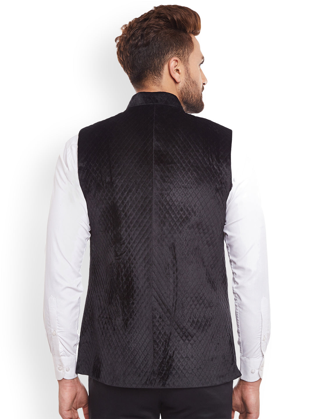 Men Quilted Velvet Designer Black Slim Fit  Nehru Jacket