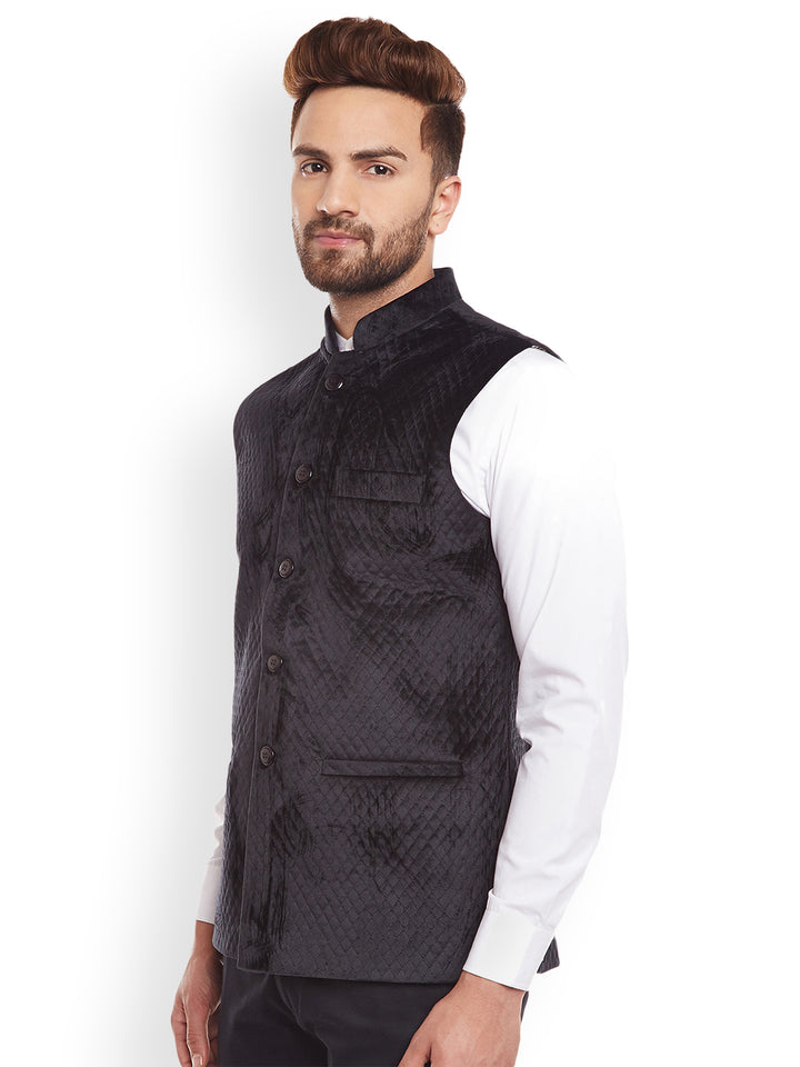 Men Black Solid Slim Fit Party Wear Nehru Jacket