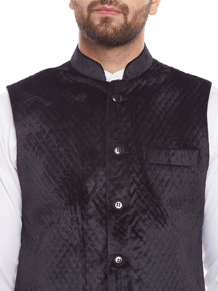 Men Quilted Velvet Designer Black Slim Fit  Nehru Jacket