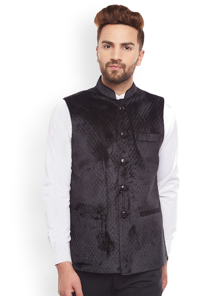 Men Black Solid Slim Fit Party Wear Nehru Jacket