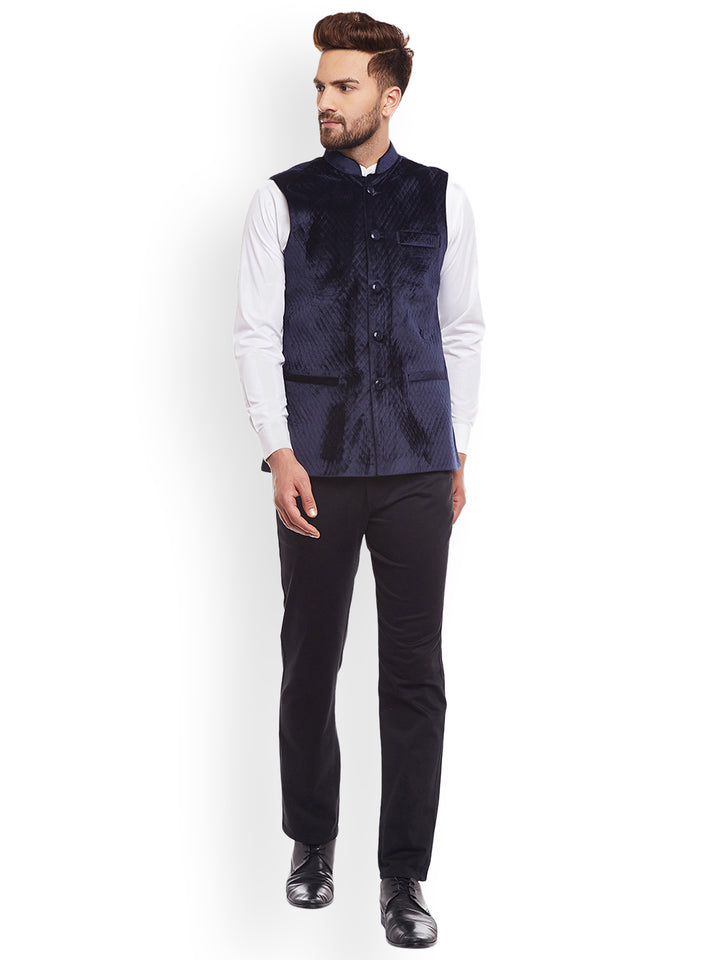 Men Quilted Velvet Designer Navy Slim Fit  Nehru Jacket
