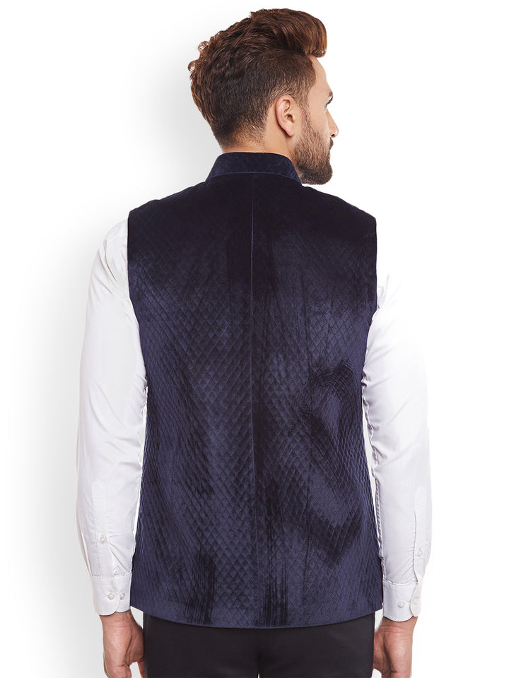 Men Quilted Velvet Designer Navy Slim Fit  Nehru Jacket