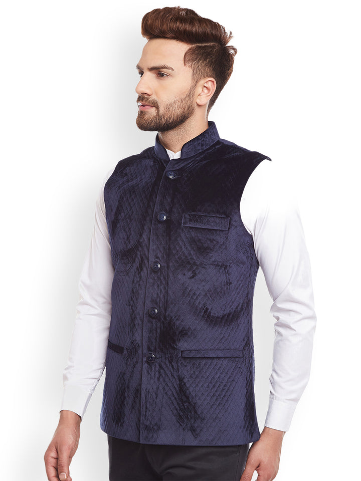 Men Quilted Velvet Designer Navy Slim Fit  Nehru Jacket