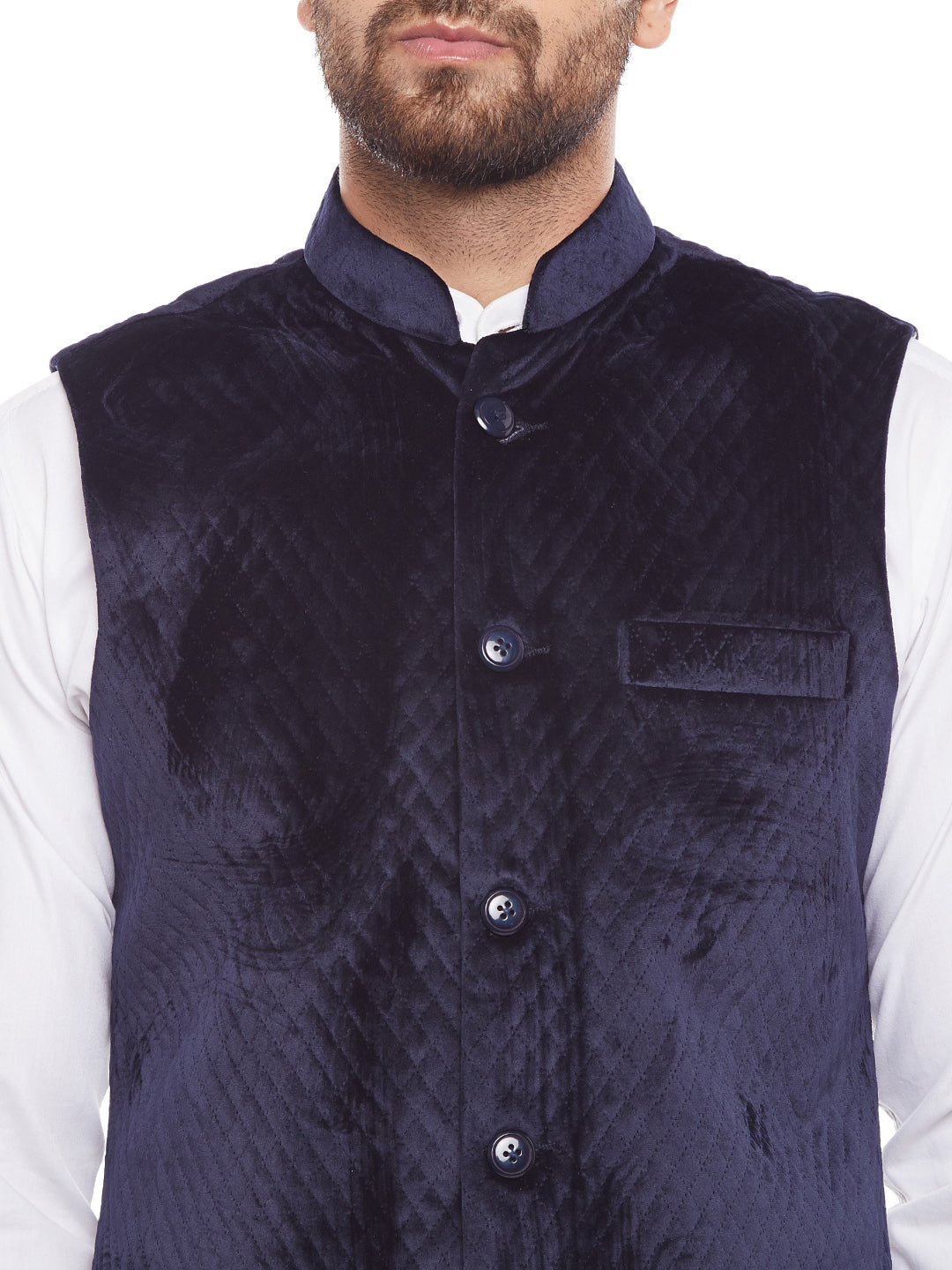 Men Quilted Velvet Designer Navy Slim Fit  Nehru Jacket