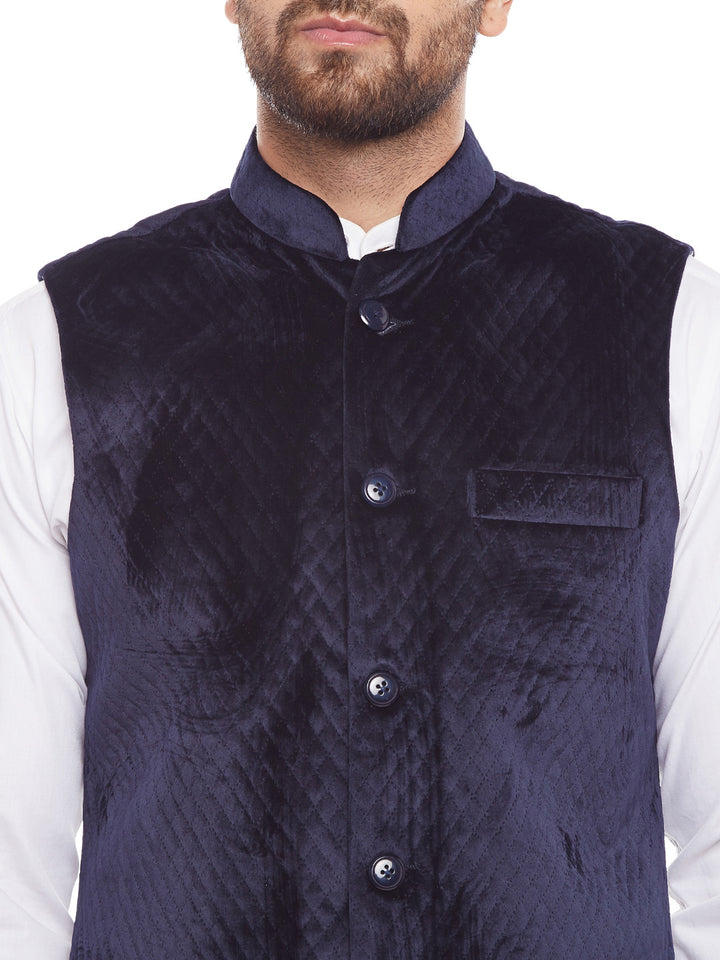 Men Quilted Velvet Designer Navy Slim Fit  Nehru Jacket