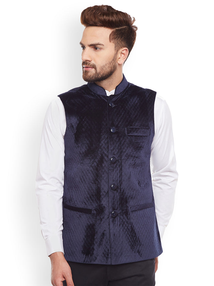 Men Quilted Velvet Designer Navy Slim Fit  Nehru Jacket