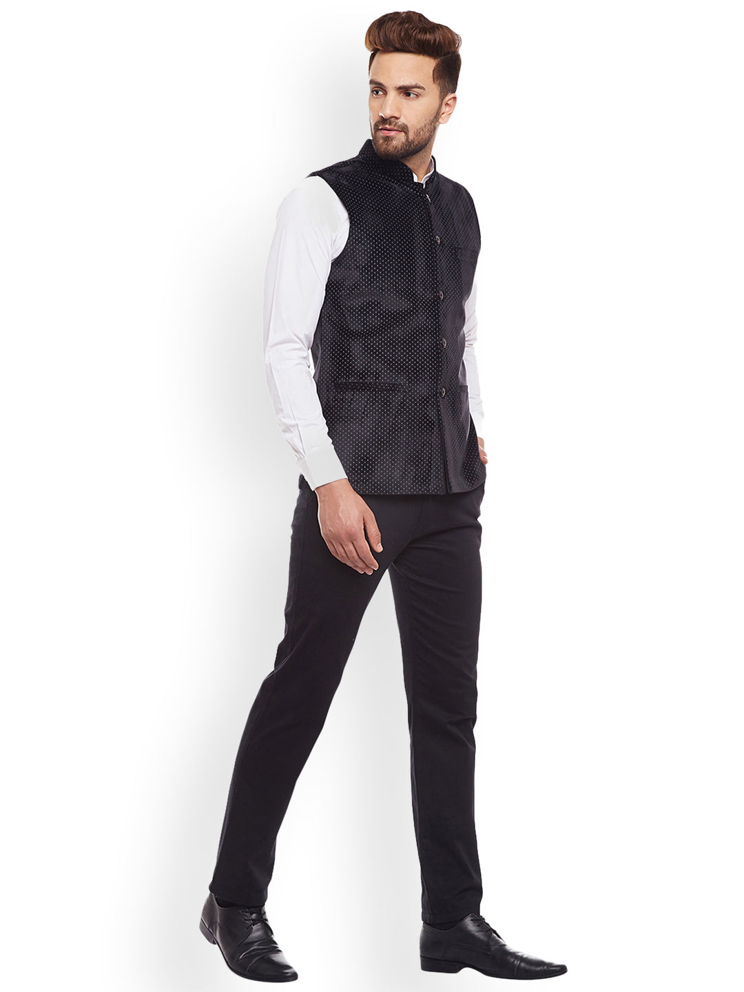 Men Black Polka Dot Printed Velvet  Slim Fit  Nehru Jacket