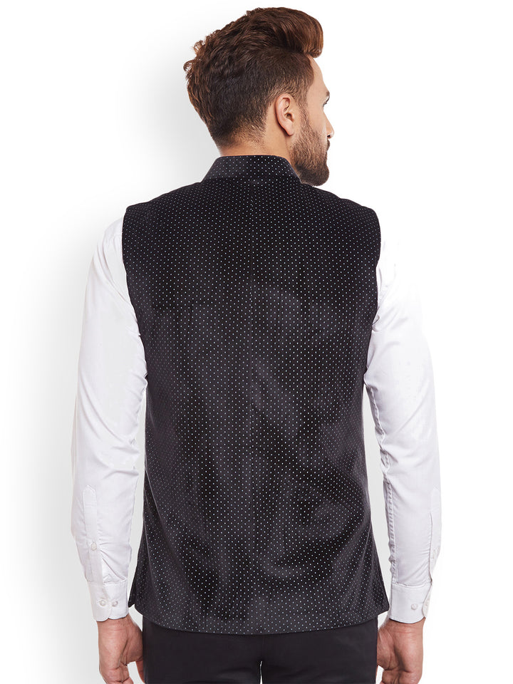 Men Black Polka Dot Printed Velvet  Slim Fit  Nehru Jacket