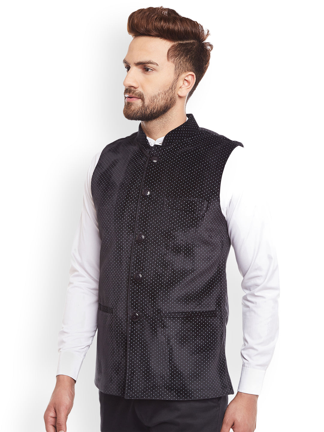 Men Black Polka Dot Printed Velvet  Slim Fit  Nehru Jacket